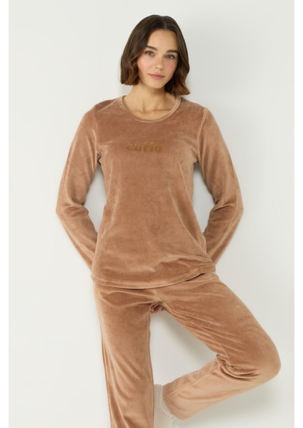 Kadife Bisiklet Yaka Uzun Kol Cepli Pijama Takım 403093 Kahverengi modelleri