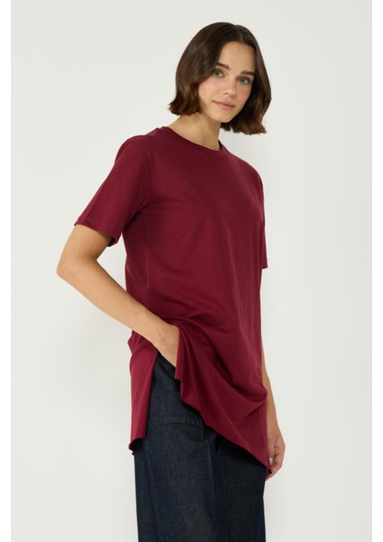 Bisiklet Yaka Yarım Kol Yırtmaçlı 2'li Uzun T-Shirt 963 Bordo/kiremit modelleri