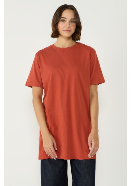 Bisiklet Yaka Yarım Kol Yırtmaçlı 2'li Uzun T-Shirt 963 Bordo/kiremit fırsatları