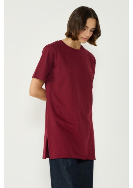 Bisiklet Yaka Yarım Kol Yırtmaçlı 2'li Uzun T-Shirt 963 Bordo/kiremit indirimleri