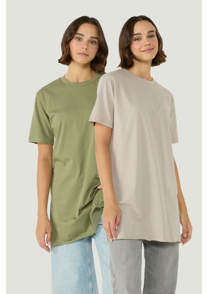 Bisiklet Yaka Yarım Kol Yırtmaçlı 2'li Uzun T-Shirt 963 Haki/gri