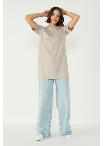 Bisiklet Yaka Yarım Kol Yırtmaçlı 2'li Uzun T-Shirt 963 Haki/gri modelleri