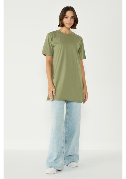 Bisiklet Yaka Yarım Kol Yırtmaçlı 2'li Uzun T-Shirt 963 Haki/gri fırsatları