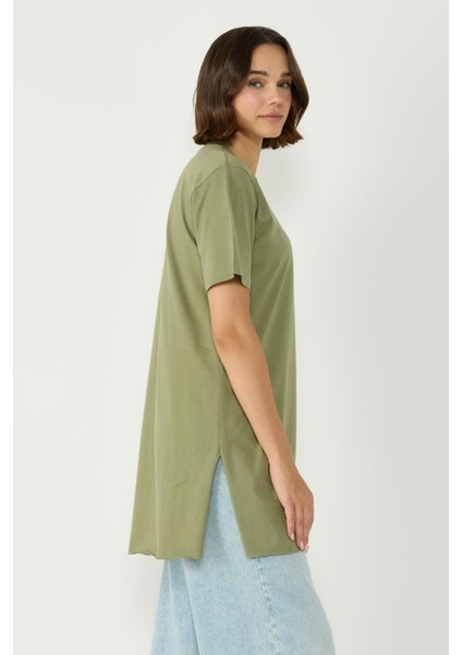 Bisiklet Yaka Yarım Kol Yırtmaçlı 2'li Uzun T-Shirt 963 Haki/gri indirimleri