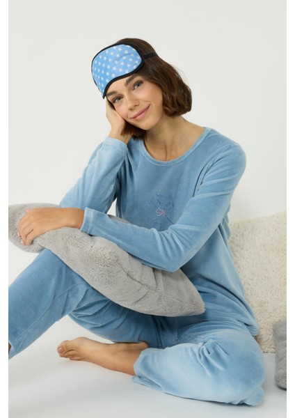 Kadife Bisiklet Yaka Uzun Kol Cepli Pijama Takım 403091 Mavi