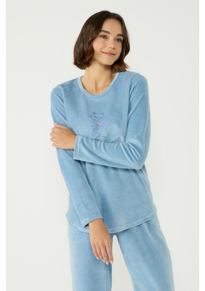 Kadife Bisiklet Yaka Uzun Kol Cepli Pijama Takım 403091 Mavi