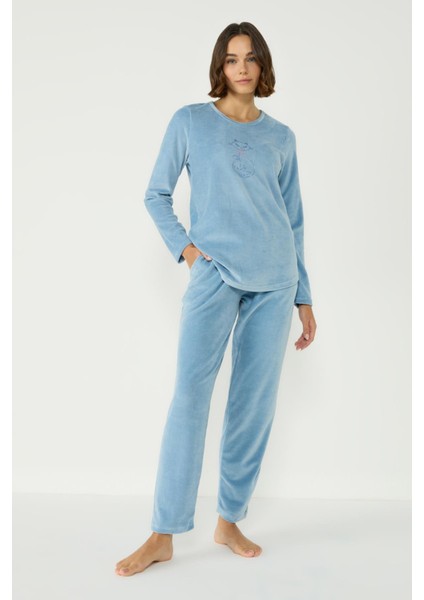Kadife Bisiklet Yaka Uzun Kol Cepli Pijama Takım 403091 Mavi