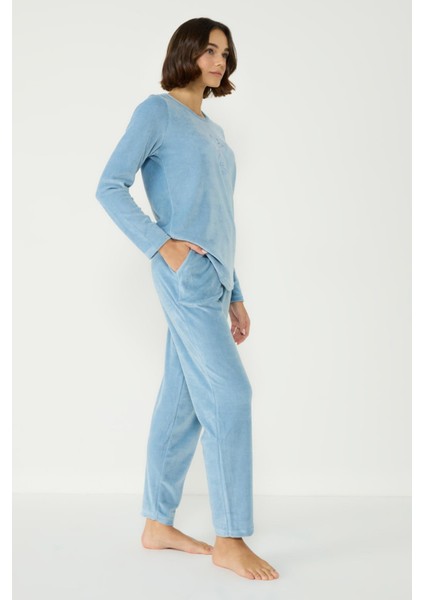 Kadife Bisiklet Yaka Uzun Kol Cepli Pijama Takım 403091 Mavi