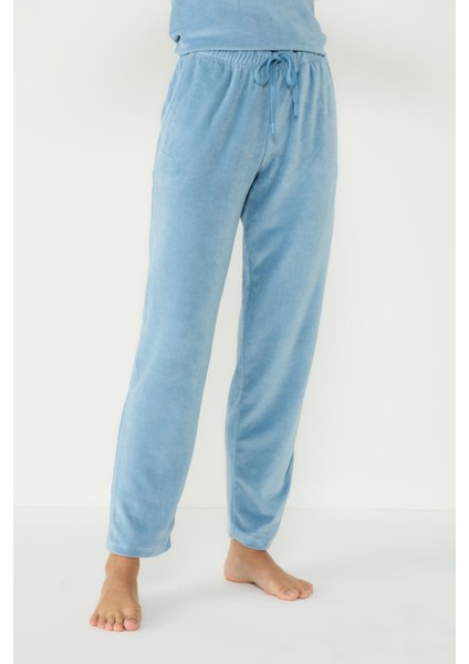 Kadife Bisiklet Yaka Uzun Kol Cepli Pijama Takım 403091 Mavi
