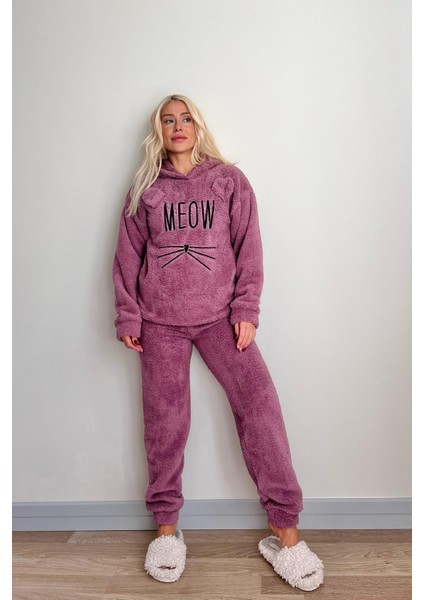 Lila Meow Desenli Tam Peluş Pijama Takımı fiyatları