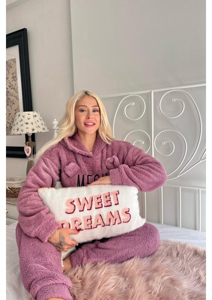 Lila Meow Desenli Tam Peluş Pijama Takımı indirimleri