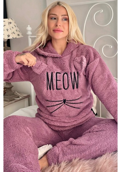 Lila Meow Desenli Tam Peluş Pijama Takımı