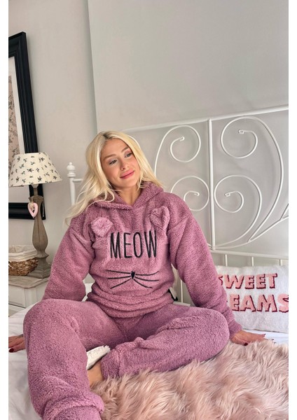 Lila Meow Desenli Tam Peluş Pijama Takımı