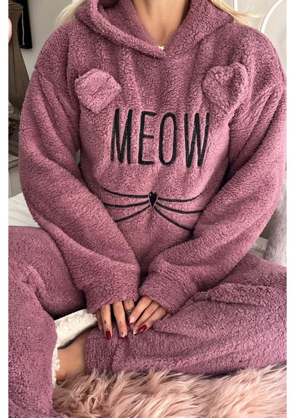 Lila Meow Desenli Tam Peluş Pijama Takımı