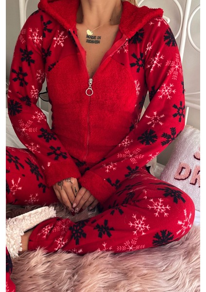 Kırmızı Kartanesi Desenli Kadın Polar Peluş Tulum Pijama indirimleri