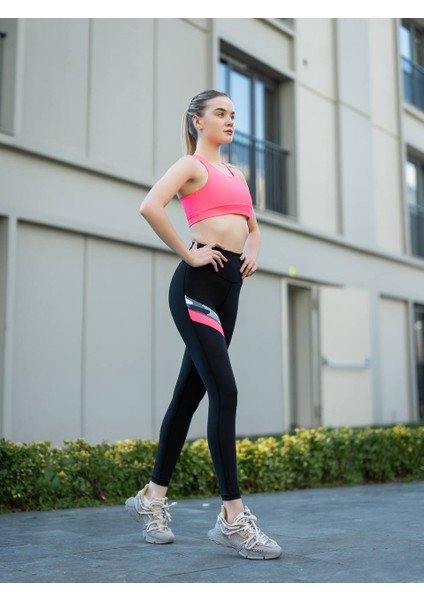Bacağı Neon Pembe ve Kamuflaj Şeritli Siyah Spor Tayt fiyatları