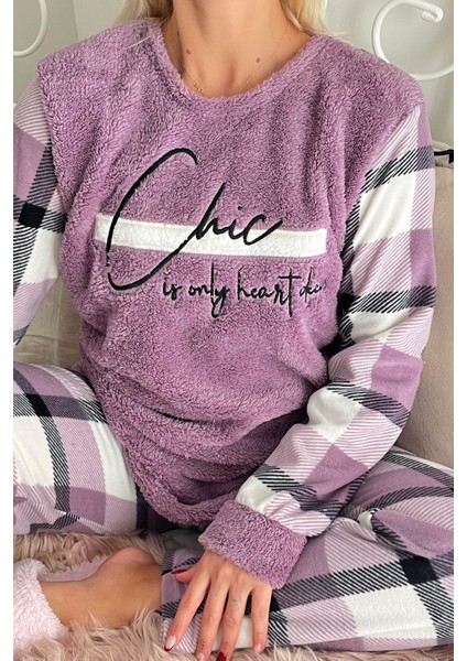 Mor Deep Chic Desenli Kadın Peluş Pijama Takımı modelleri