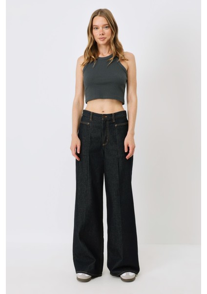 Kadın Halter Yaka Fitilli Esnek Crop Atlet 925 Füme fiyatları