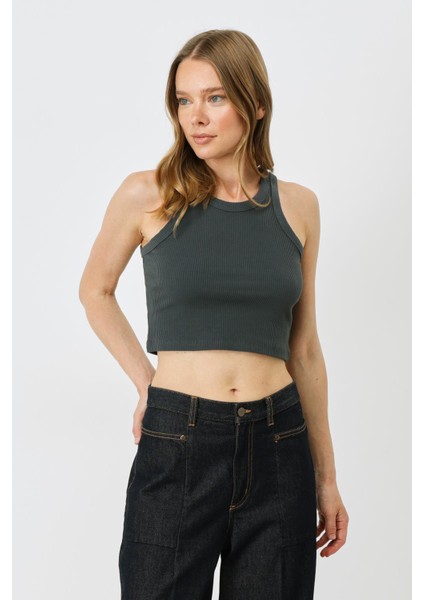 Kadın Halter Yaka Fitilli Esnek Crop Atlet 925 Füme modelleri