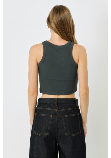 Kadın Halter Yaka Fitilli Esnek Crop Atlet 925 Füme fırsatları