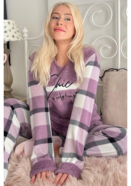 Mor Deep Chic Desenli Kadın Peluş Pijama Takımı