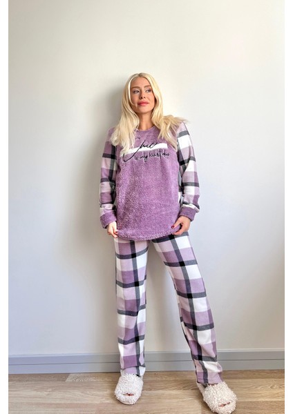 Mor Deep Chic Desenli Kadın Peluş Pijama Takımı