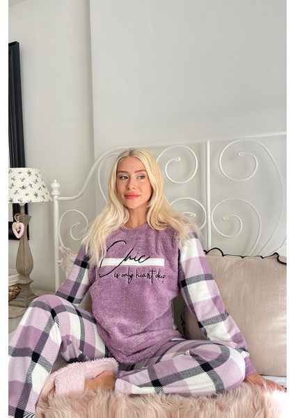 Mor Deep Chic Desenli Kadın Peluş Pijama Takımı