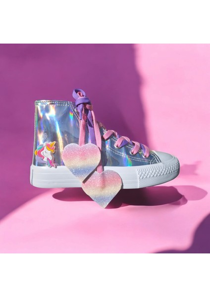 Lias Shoes Hologram Unicorn Silikon Detay Fermuarlı Kalp Bağcıklı Çocuk Spor Ayakkabı Sneaker