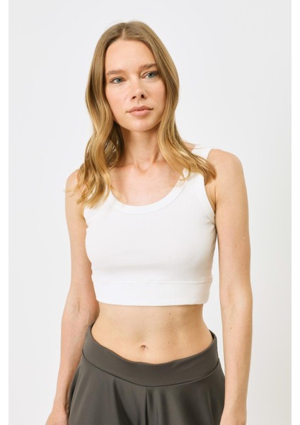 Kadın Askılı Crop Fitilli Esnek Örme Atlet 926 Ekru
