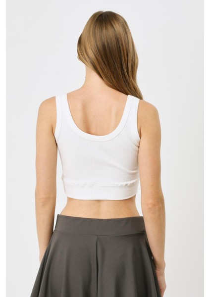 Kadın Askılı Crop Fitilli Esnek Örme Atlet 926 Ekru