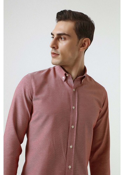 Slim Fit Kırmızı Armürlü Düğmeli Yaka Pamuklu Gömlek 5HC02ORT07265