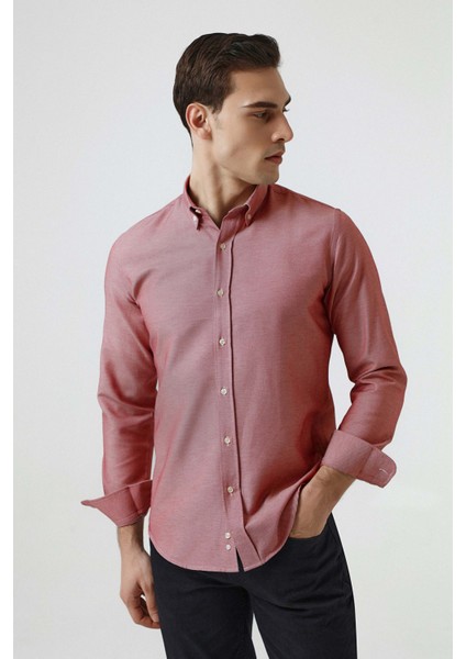 Slim Fit Kırmızı Armürlü Düğmeli Yaka Pamuklu Gömlek 5HC02ORT07265