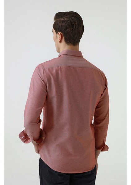 Slim Fit Kırmızı Armürlü Düğmeli Yaka Pamuklu Gömlek 5HC02ORT07265