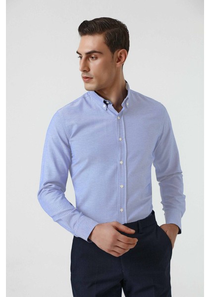 Slim Fit Mavi Armürlü Düğmeli Yaka Pamuklu Gömlek 5HC02ORT07265