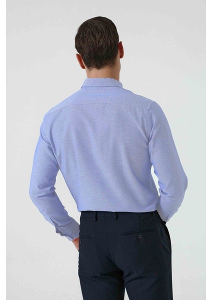 Slim Fit Mavi Armürlü Düğmeli Yaka Pamuklu Gömlek 5HC02ORT07265 fırsatları