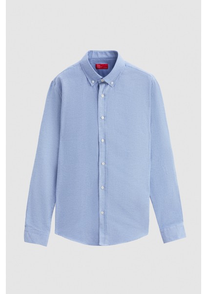 Slim Fit Mavi Armürlü Düğmeli Yaka Pamuklu Gömlek 5HC02ORT07265 indirimleri