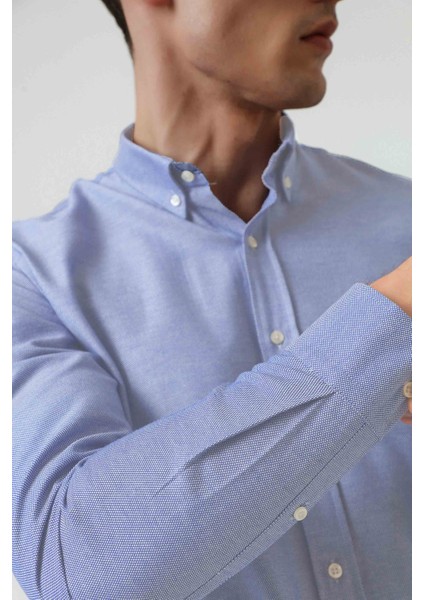 Slim Fit Mavi Armürlü Düğmeli Yaka Pamuklu Gömlek 5HC02ORT07265