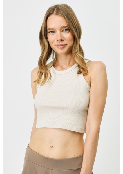 Kadın Halter Yaka Fitilli Esnek Crop Atlet 925 Bej