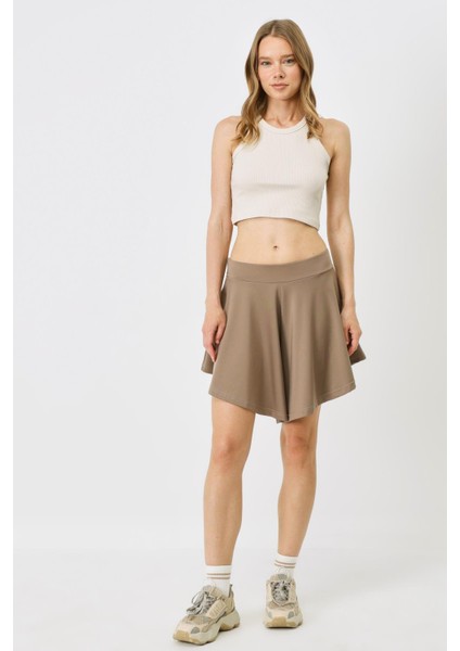 Kadın Halter Yaka Fitilli Esnek Crop Atlet 925 Bej