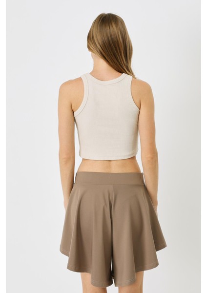 Kadın Halter Yaka Fitilli Esnek Crop Atlet 925 Bej