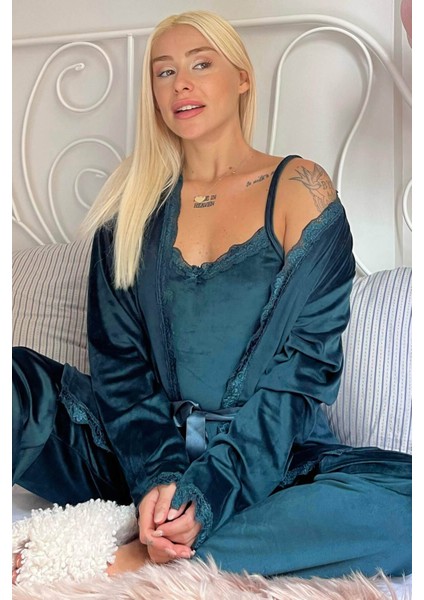 Yeşil Zelena Exclusive Kadife Sabahlıklı Kadın Pijama Takımı
