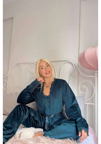Yeşil Zelena Exclusive Kadife Sabahlıklı Kadın Pijama Takımı fiyatları