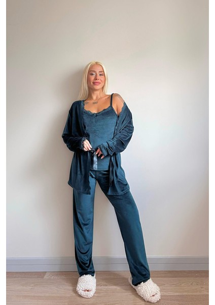 Yeşil Zelena Exclusive Kadife Sabahlıklı Kadın Pijama Takımı modelleri