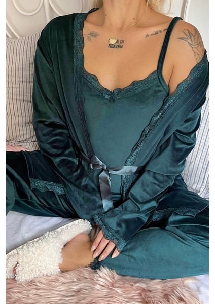 Yeşil Zelena Exclusive Kadife Sabahlıklı Kadın Pijama Takımı indirimleri