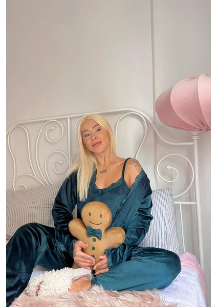 Yeşil Zelena Exclusive Kadife Sabahlıklı Kadın Pijama Takımı