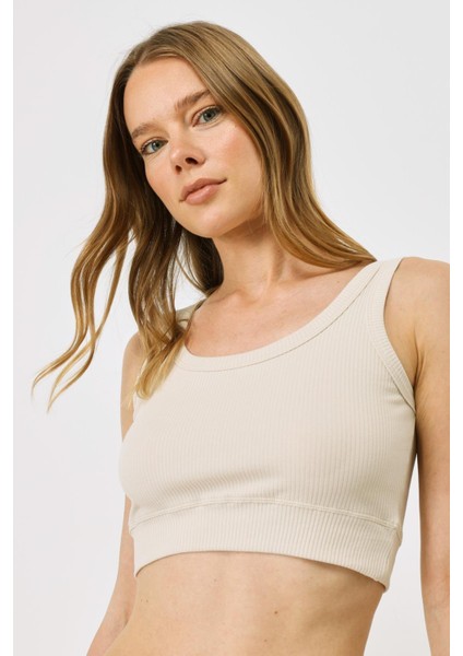 Kadın Askılı Crop Fitilli Esnek Örme Atlet 926 Bej
