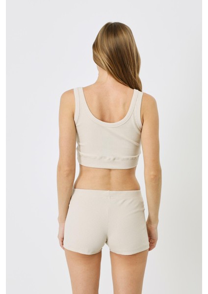 Kadın Askılı Crop Fitilli Esnek Örme Atlet 926 Bej