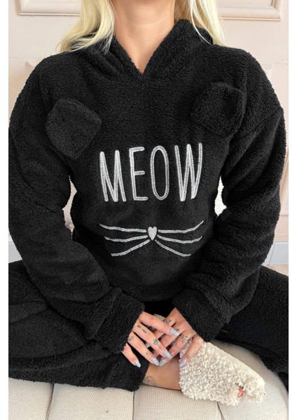 Kadın Siyah Meow Desenli Tam Peluş Pijama Takımı Uzun Kollu 2023 Sonbahar-Kış modelleri