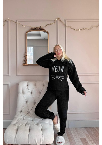 Siyah Meow Desenli Tam Peluş Pijama Takımı
