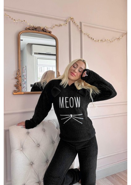 Siyah Meow Desenli Tam Peluş Pijama Takımı